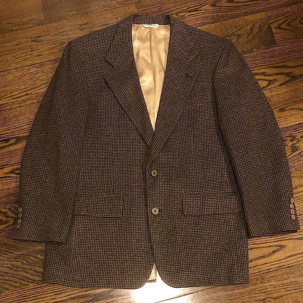 SAKS FIFTH AVENUE Men’s Houndstooth Camel Hair Brown and Black Blazer Sz 44R